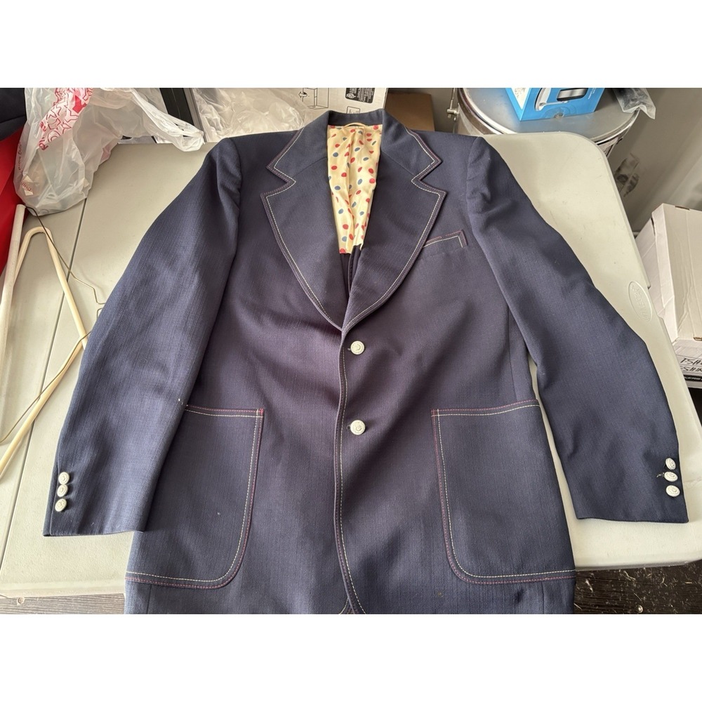 Vtg JcPenney Blue Topstitch Blazer With Polka Dot Inside L 70s‎
